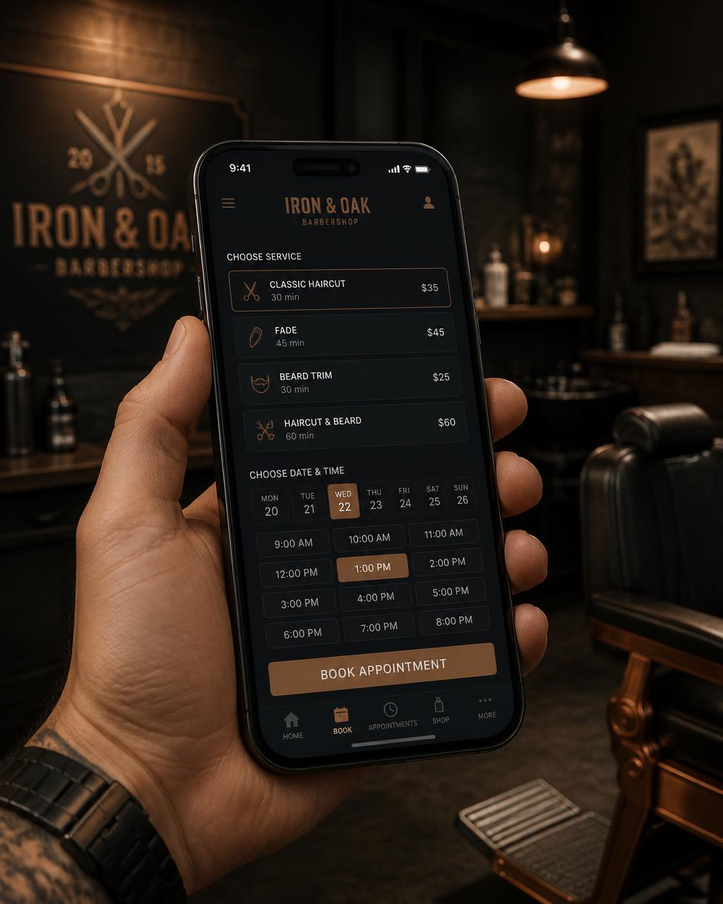 Barbershop booking app showing cuts, fades and beard trims — LushLane
