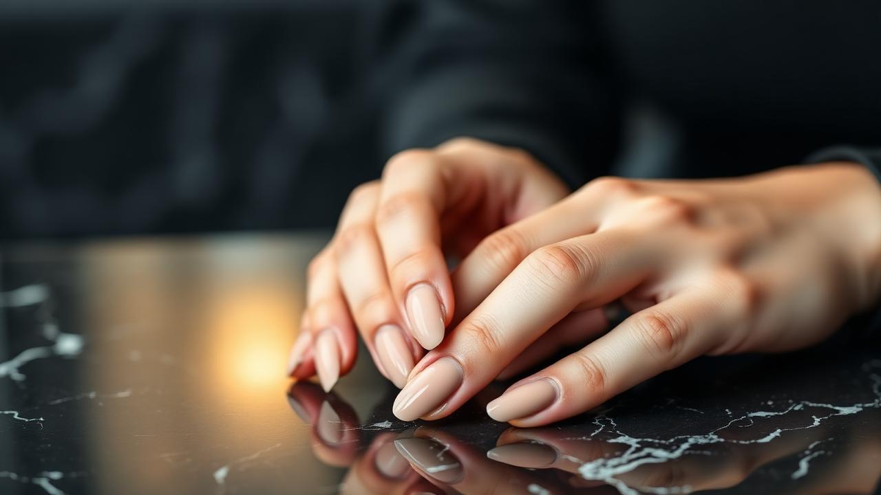 Elegant manicured nails on a dark marble surface — nail salon booking app UK by LushLane