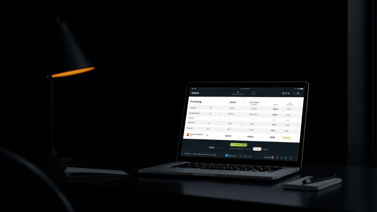 Laptop showing a salon software pricing comparison table on a dark desk — UK salon software pricing comparison by LushLane